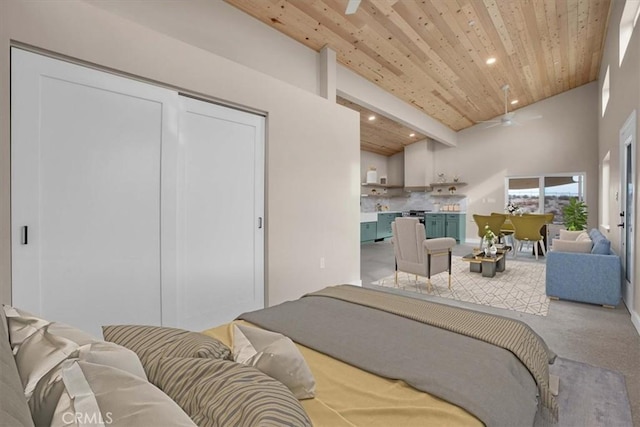 bedroom featuring carpet floors, wooden ceiling, and high vaulted ceiling