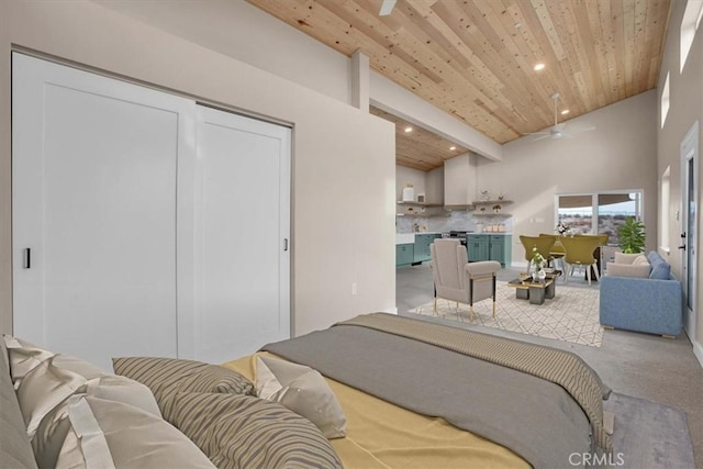 69444 Valle Vista Rd Unit 29, Palms, CA 92277 - bedroom with wooden ceiling, recessed lighting, carpet floors, and high vaulted ceiling