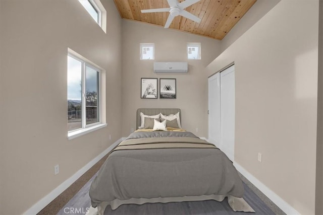 bedroom with wood ceiling, ceiling fan, high vaulted ceiling, a wall unit AC, and a closet