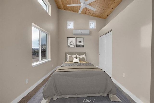 69444 Valle Vista Rd Unit 29, Palms, CA 92277 - bedroom featuring wooden ceiling, an AC wall unit, high vaulted ceiling, baseboards, and a ceiling fan