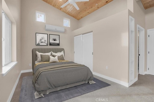 bedroom featuring ceiling fan, high vaulted ceiling, a wall mounted AC, wooden ceiling, and a closet