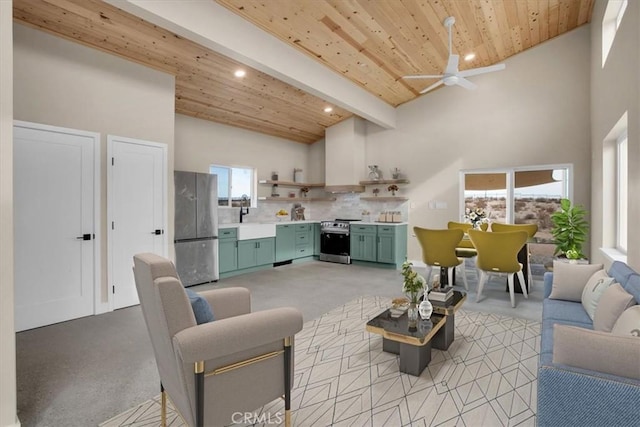 living room featuring beamed ceiling, high vaulted ceiling, and wooden ceiling