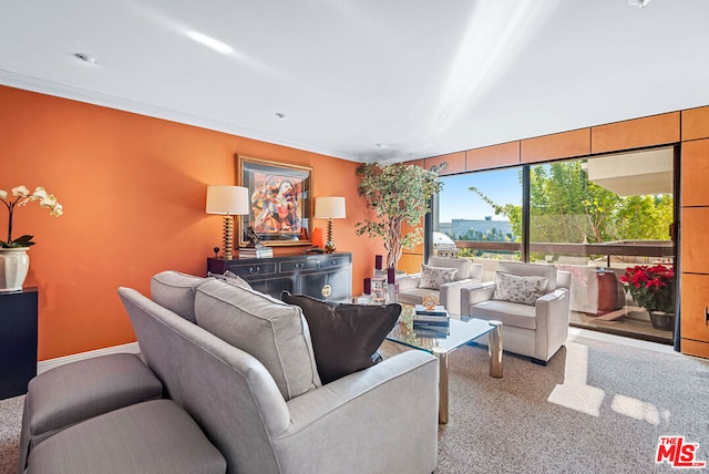 carpeted living room featuring crown molding