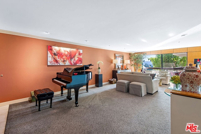 carpeted living room featuring crown molding