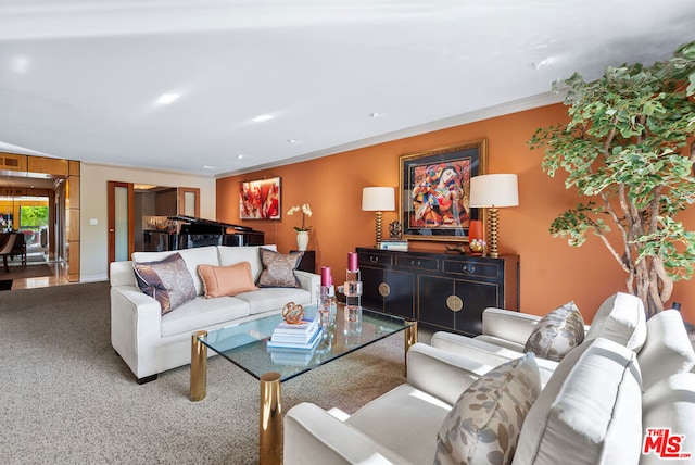 living room with crown molding and carpet floors