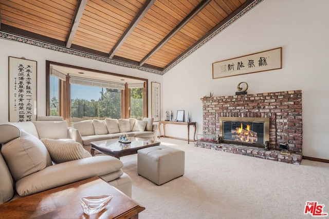 living room with beam ceiling, wooden ceiling, high vaulted ceiling, light colored carpet, and a fireplace