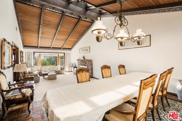 dining space with wooden ceiling, beamed ceiling, high vaulted ceiling, a chandelier, and a fireplace