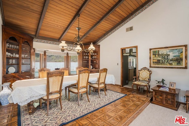 dining area with parquet flooring, beam ceiling, high vaulted ceiling, and wooden ceiling