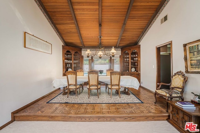 dining room featuring vaulted ceiling with beams, parquet floors, and wood ceiling