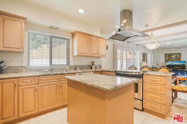 kitchen featuring kitchen peninsula, light brown cabinetry, island range hood, sink, and stainless steel electric range oven