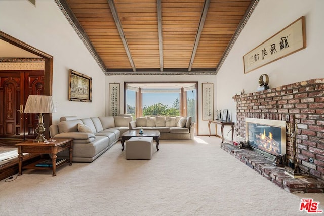 living room featuring high vaulted ceiling, carpet, wooden ceiling, and a brick fireplace