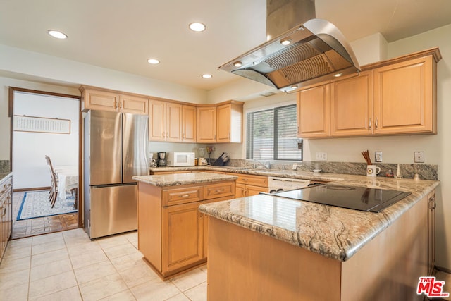 kitchen with light tile patterned flooring, white appliances, light stone countertops, a kitchen island, and island exhaust hood