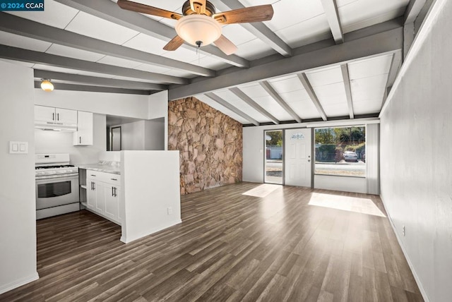 kitchen featuring lofted ceiling with beams, white gas range, ceiling fan, white cabinetry, and dark hardwood / wood-style floors