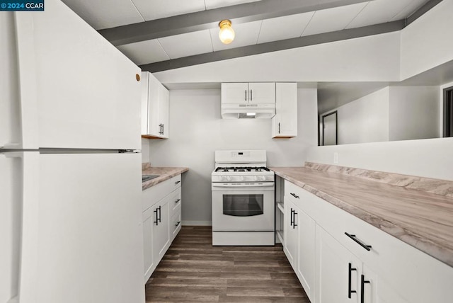 kitchen featuring lofted ceiling with beams, white cabinets, light stone counters, white appliances, and dark hardwood / wood-style flooring