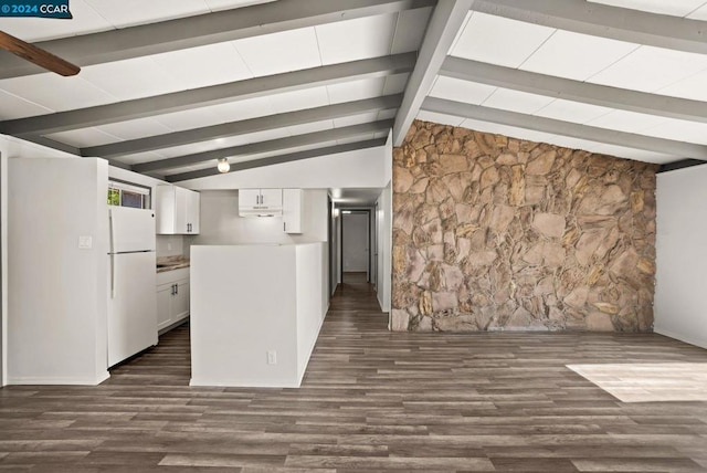 kitchen with dark wood-type flooring, white cabinetry, vaulted ceiling with beams, and white refrigerator