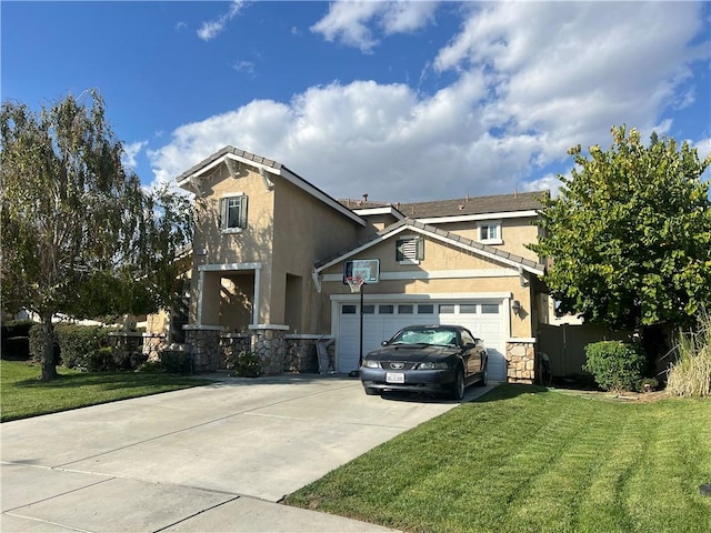 craftsman house with a front yard and a garage