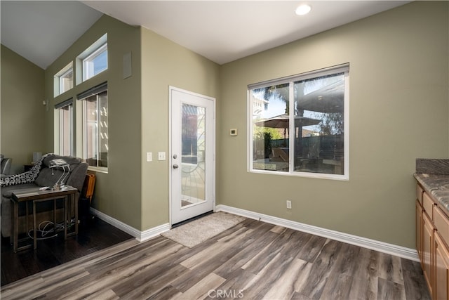 doorway to outside with vaulted ceiling, a wealth of natural light, and dark hardwood / wood-style floors