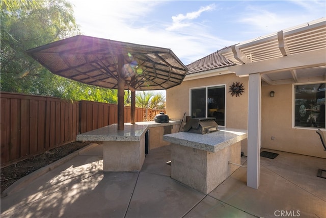 view of patio / terrace featuring an outdoor bar, a grill, and exterior kitchen