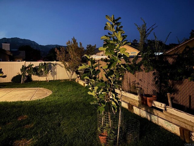 view of yard featuring a patio area and a mountain view