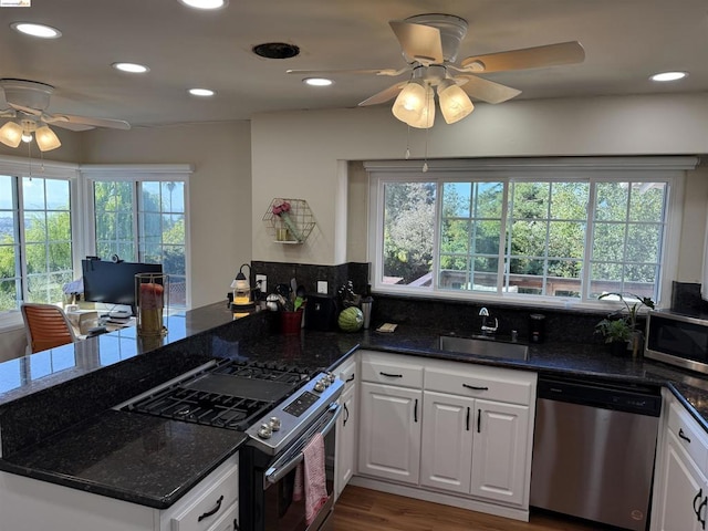 kitchen with a wealth of natural light, white cabinetry, and appliances with stainless steel finishes