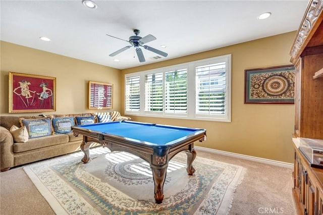 rec room featuring ceiling fan, light colored carpet, and pool table