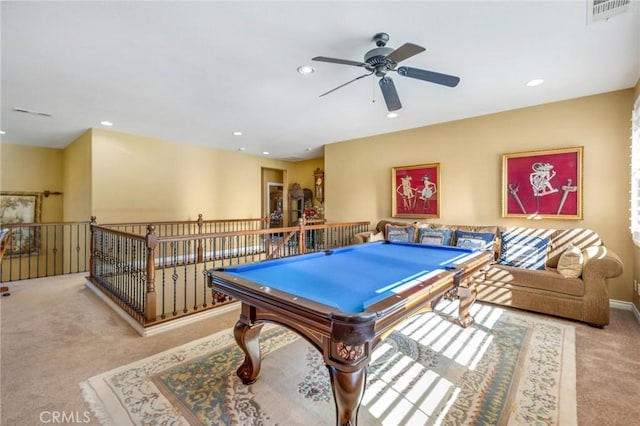 rec room featuring ceiling fan, light colored carpet, and pool table