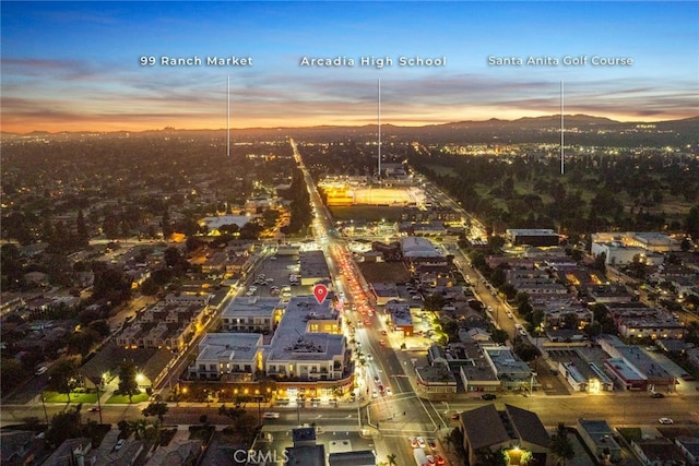 view of aerial view at dusk