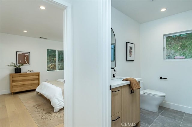 bathroom featuring vanity, toilet, and wood-type flooring