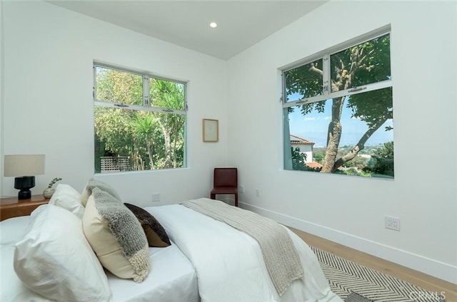 bedroom featuring wood-type flooring and multiple windows