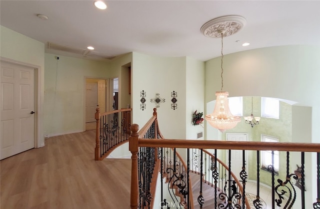 505 Lowe Dr, Placentia, CA 92870 - hall with an upstairs landing, a chandelier, light wood-type flooring, and recessed lighting