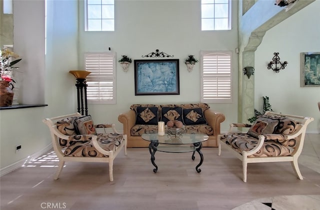 living area with a high ceiling, plenty of natural light, and baseboards