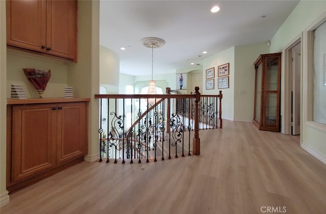 505 Lowe Dr, Placentia, CA 92870 - hall featuring an upstairs landing, light wood-style flooring, and recessed lighting