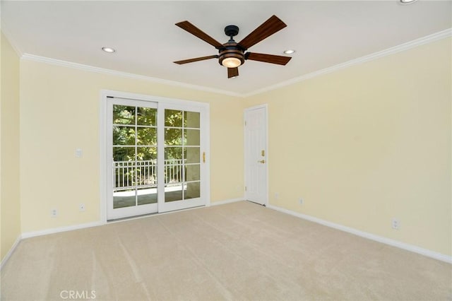 empty room with a ceiling fan, baseboards, recessed lighting, ornamental molding, and light carpet