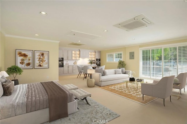 bedroom featuring electric panel, recessed lighting, light colored carpet, and crown molding