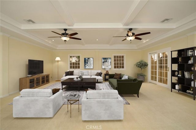 living area with visible vents, crown molding, carpet, beam ceiling, and coffered ceiling