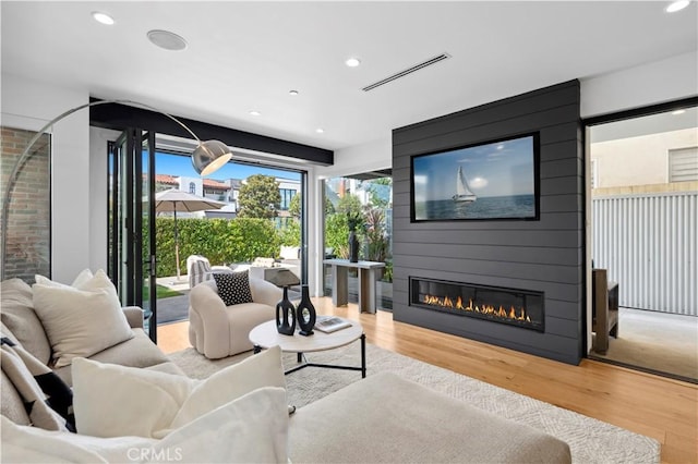 living room with a fireplace and hardwood / wood-style floors