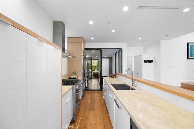 kitchen with white cabinets, stainless steel appliances, wall chimney range hood, and sink