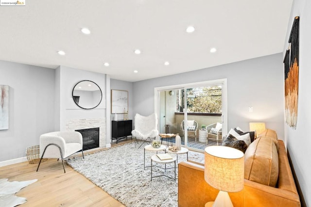 living room featuring a fireplace and light hardwood / wood-style flooring