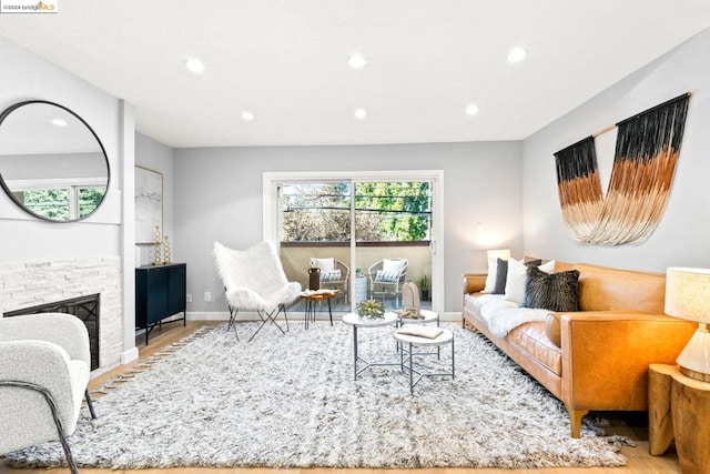 living room with wood-type flooring and a stone fireplace