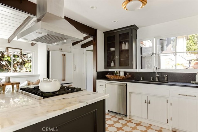 kitchen with high end fridge, extractor fan, sink, dishwasher, and white cabinetry