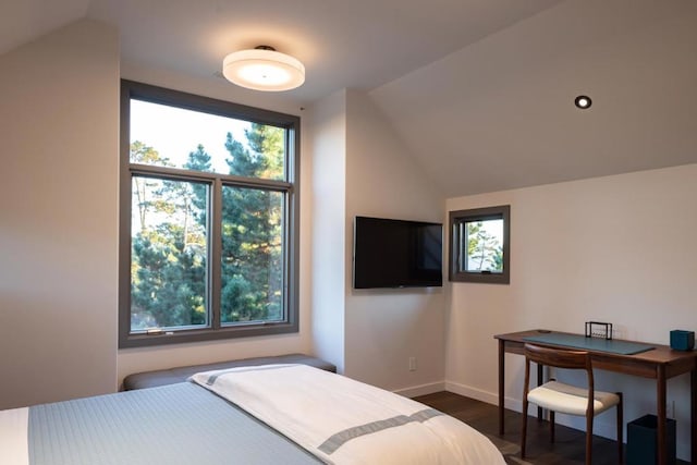 bedroom with lofted ceiling, dark wood-type flooring, and multiple windows