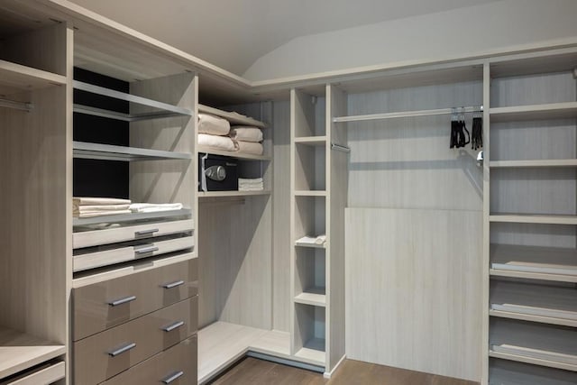 walk in closet with lofted ceiling and dark wood-type flooring