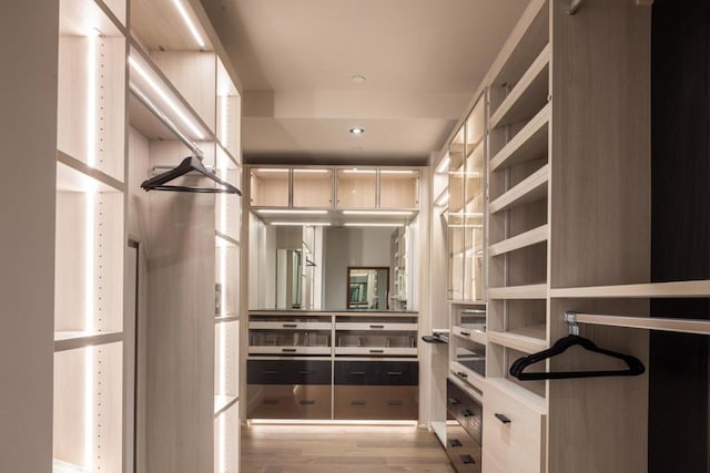 walk in closet with light hardwood / wood-style floors