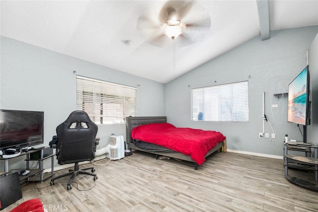 bedroom with vaulted ceiling with beams, light hardwood / wood-style floors, and ceiling fan