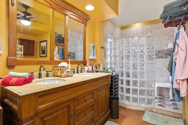 bathroom with vanity, tile patterned floors, and ceiling fan