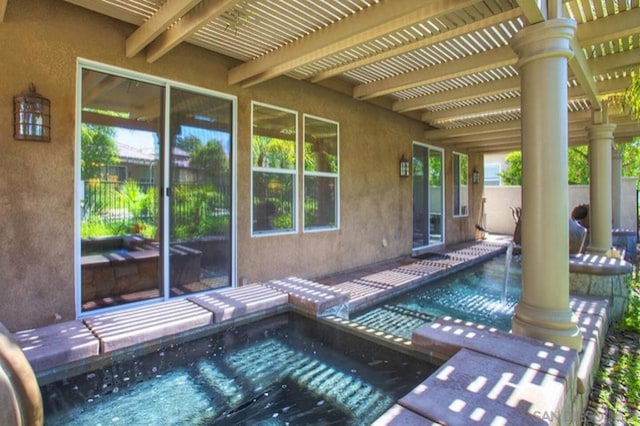 view of swimming pool with a pergola and a patio