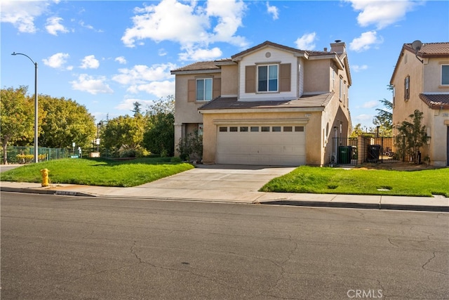 front of property featuring a front yard, cooling unit, and a garage