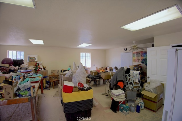 basement with ceiling fan, carpet flooring, and a wealth of natural light