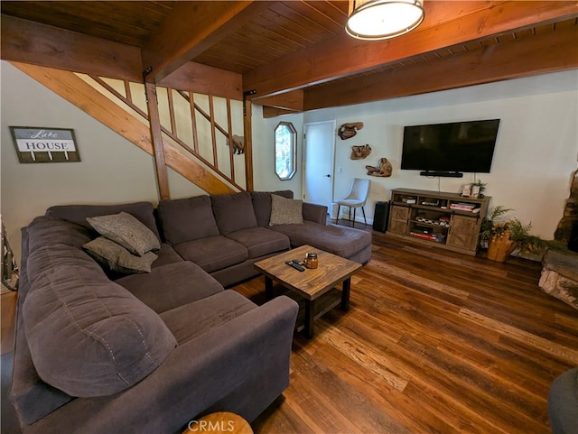 living room featuring wooden ceiling, beamed ceiling, and hardwood / wood-style floors