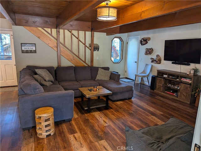 living room with wood ceiling, beamed ceiling, and dark hardwood / wood-style flooring